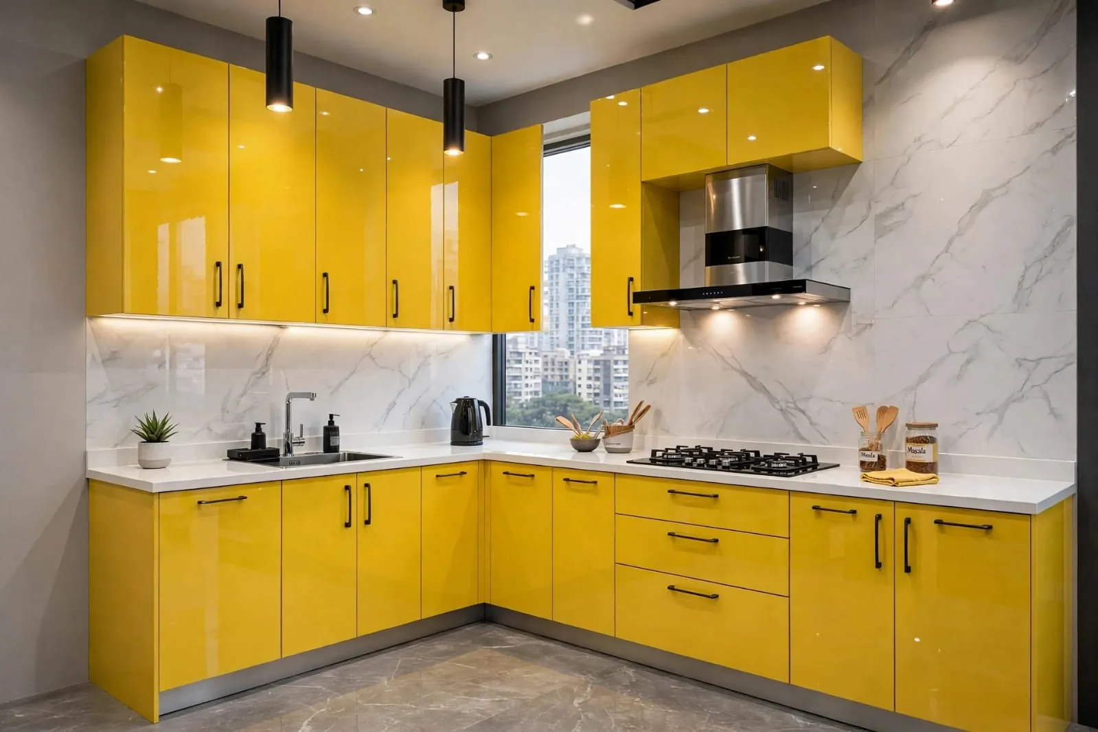 An L-shaped kitchen with glossy yellow upper and lower cabinets against white marble