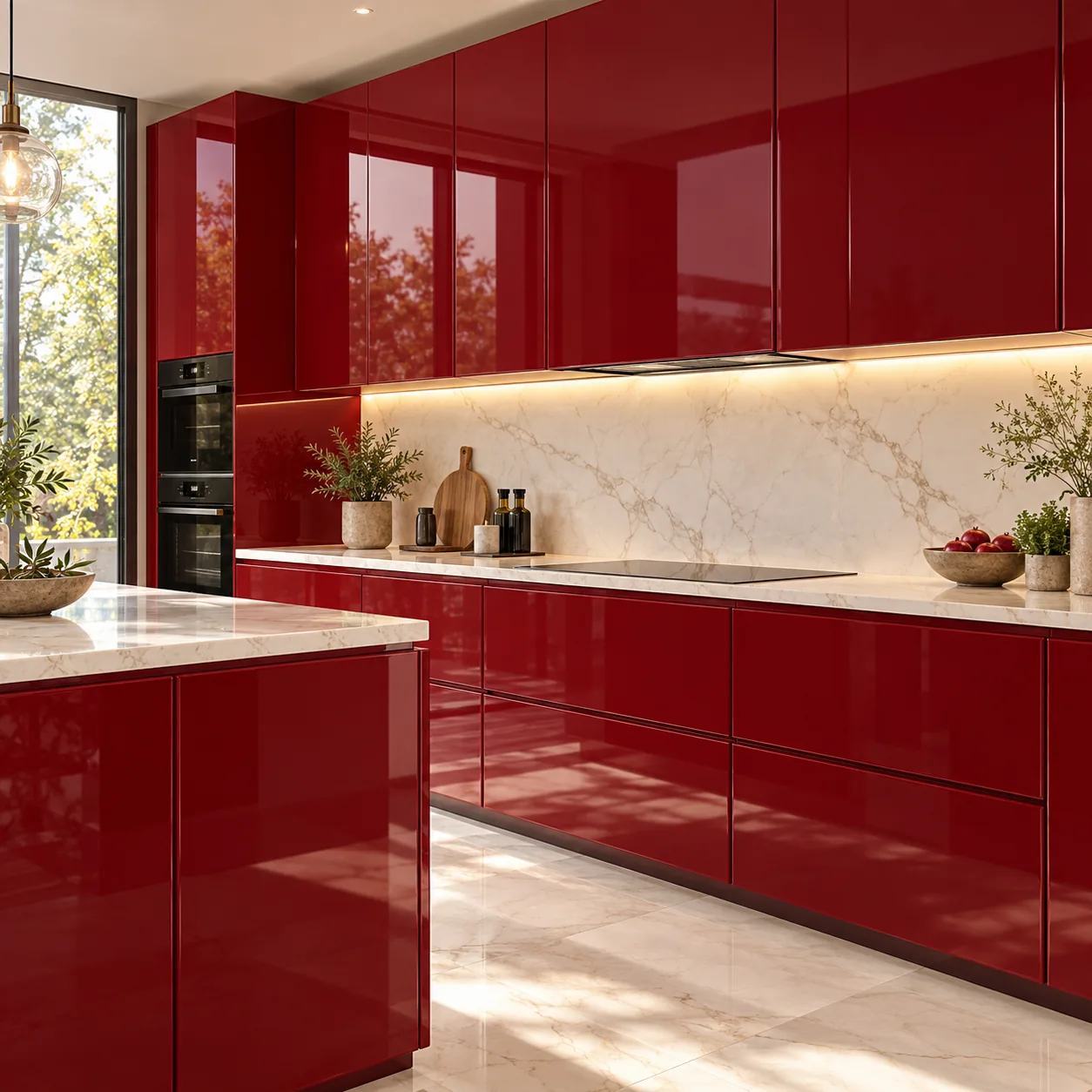 A ruby-red gloss WOODAAN kitchen with an island