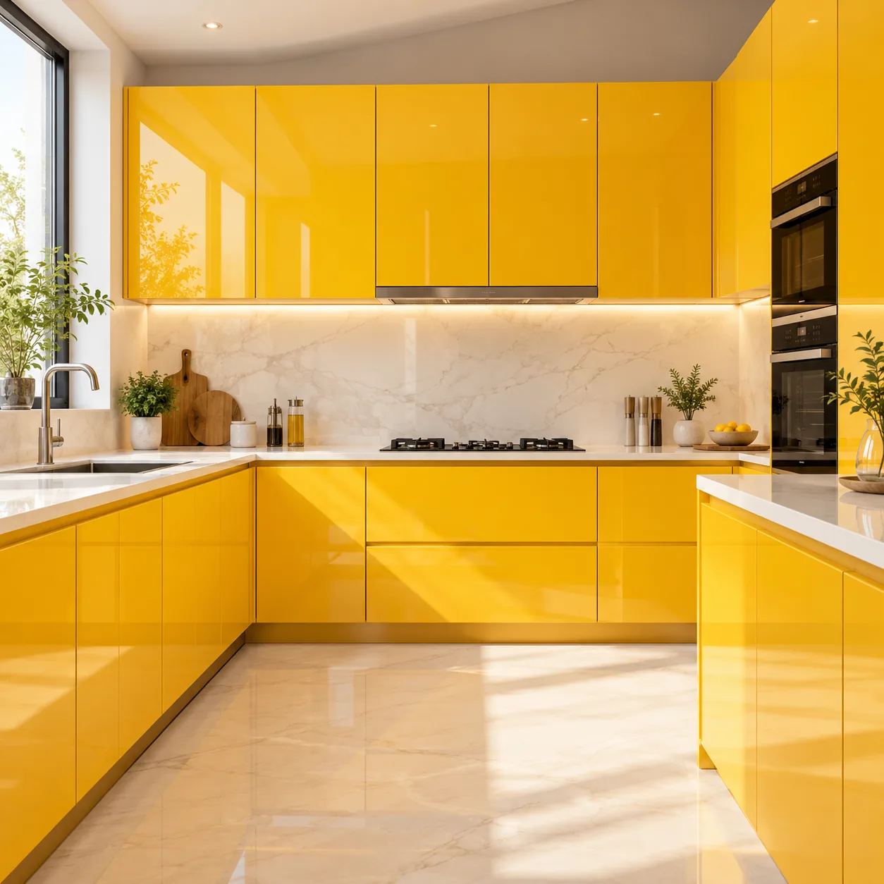 A U-shaped kitchen with glossy yellow WOODAAN shutters and a marble backsplash