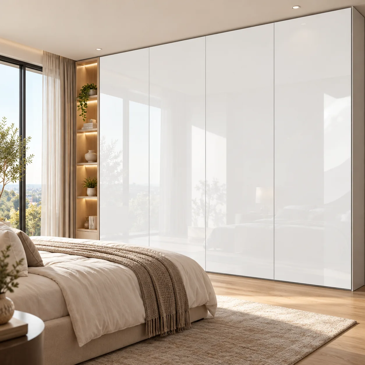 A bedroom with a full-height white gloss WOODAAN wardrobe