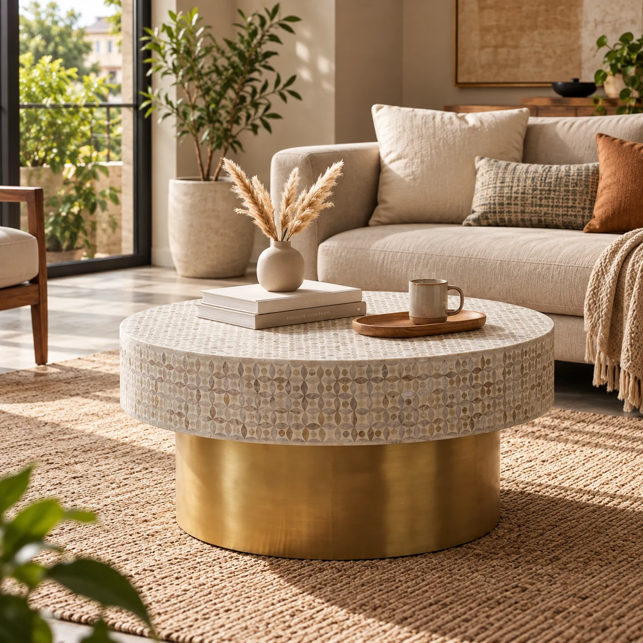Aria Round Marble Center Table styled in a room