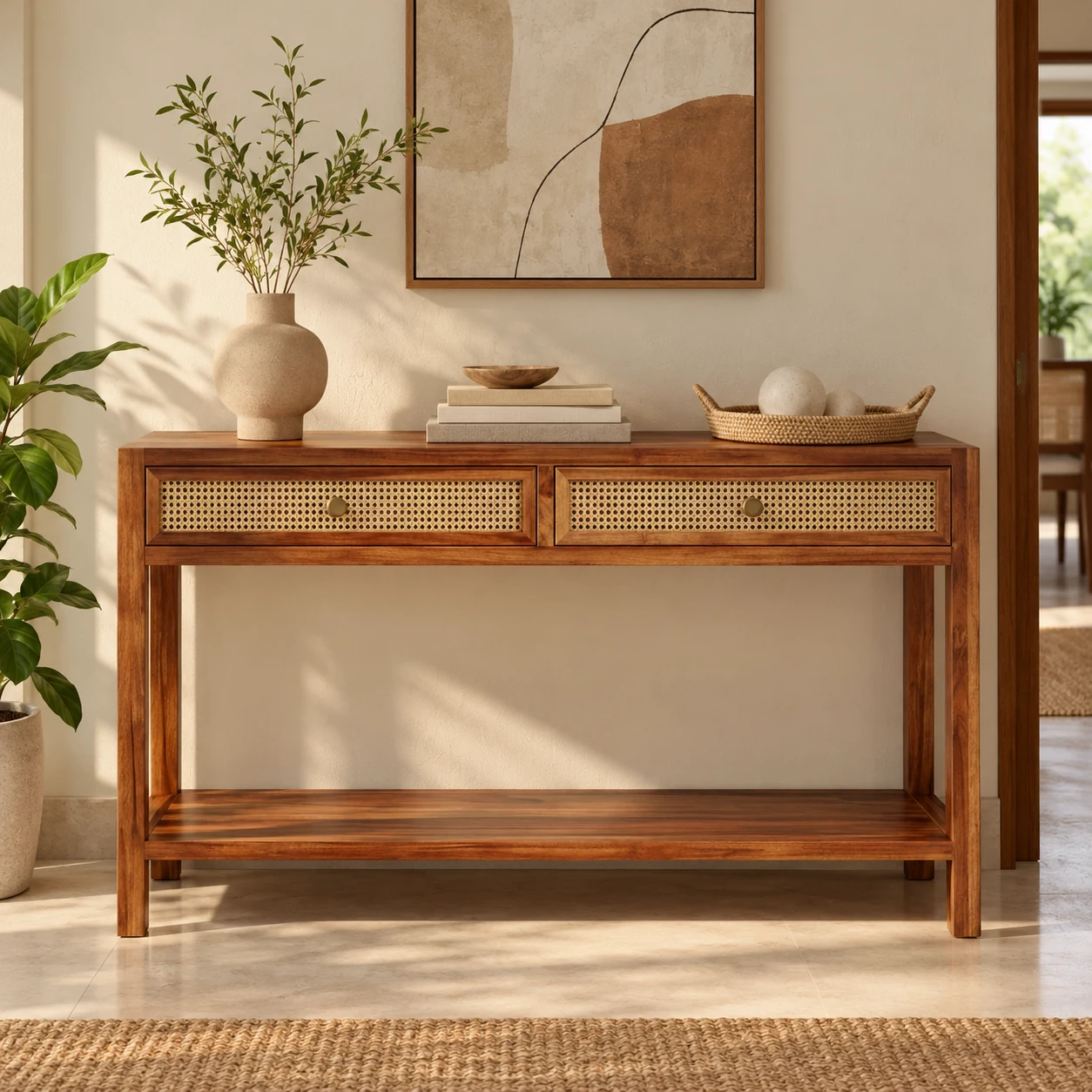 Halia Ribbed Wood Console styled in a room